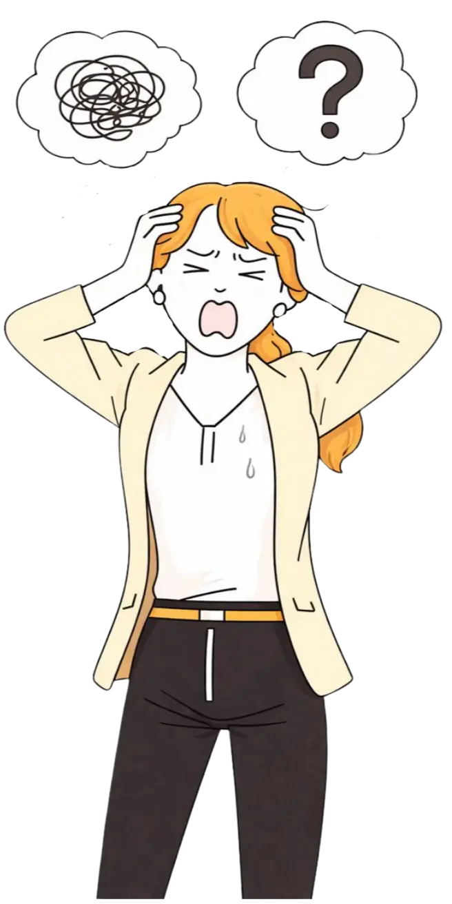 人差し指を顎に当て、考え事をしている女性